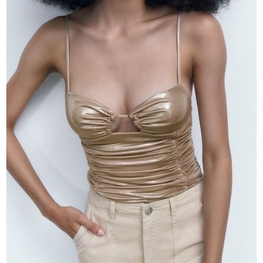 NWT Zara Metallic Gold Ruched Bodysuit with Cutout Medium 7818/384/303